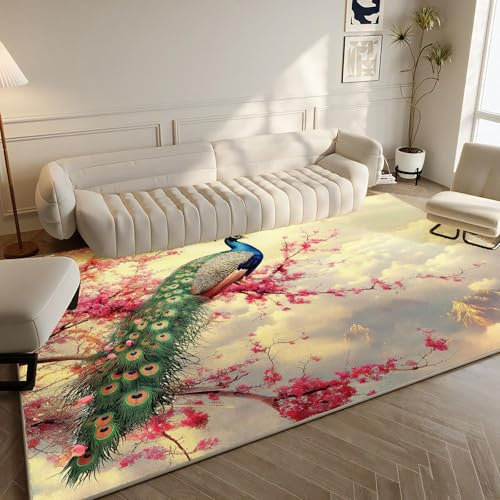 CECE&COLE Teppich Wohnzimmer 245×365 cm Kurzflor Teppich, Schlafzimmer Flauschig Groß Teppich, Pflaumenbaum Pfau Wohnzimmerteppich Waschbar rutschfest Wohnzimmer Schlafzimmer Esszimmer