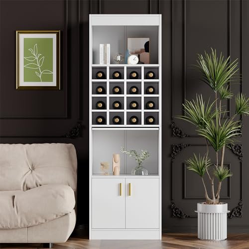 Wuudi Stehschrank in Weiß für Weinliebhaber, 16 Weinfächer - 180 cm hoch - Esszimmer Highboard, Wohnzimmerregal, Eckschrank, Sideboard