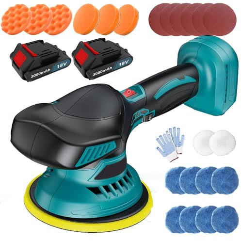 Poliermaschine Akku 18V mit 2x 3,0Ah Akkus, Bürstenlosen Motor, 6 Zoll Exzenter Poliermaschine 6-Geschwindigkeiten, 750-6000 RPM, 24PCS Polierschwamm Set für Autodetaillierung/Polieren/Wachsen