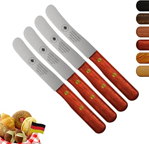 Solingen Messer, 4er Set Padouk Holzgriff, Premium Buckelmesser, Klinge rostfrei 11cm - Küchenmesser, Brotmesser, Frühstücksmesser, Dünnschliff & Handabzug, Made in Germany