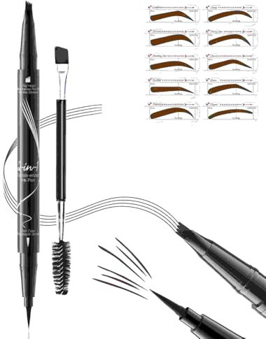 4 Fork Tip Eyebrow Pen - Waterproof Brow Pencil with Ultra-Fine Tips, Smudge-Proof & Sweatproof, Natural Hair-Like Strokes, Beginner-friendly(Includes Eyebrow Stencils & Brush)(Dark Brown)