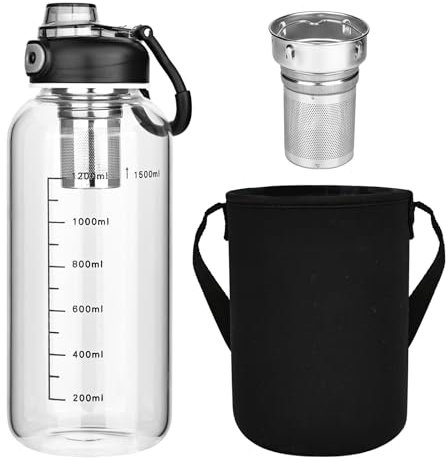 Trendecor Trinkflasche Glas mit Teesieb, Glasflasche 1.5Liter mit Schutzhülle Auslaufsicher Wasserflasche Wiederverwendbar Glastrinkflasche Glass Water Bottle für Wasser Getränken
