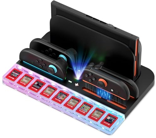 Diyife Ladestation für Switch 2 Controller mit Spiele Aufbewahrung, Dockingstation Kompatibel mit Nintendo Switch 2 Joycons, 7 RGB Farben, Fasst 9 Spielkarten, 4 Controller und 1 Dockingstation