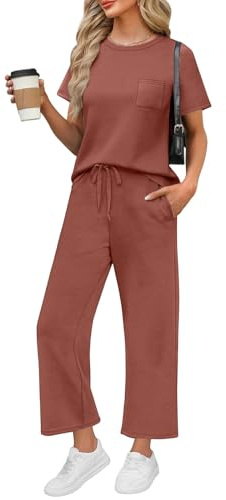 DHYUEN Yoga Set Damen Mit Taschen Casual Kurzarm Und Kurz Hose Sport Set Casual Y2k Hausanzug Loungewear Set Vintage Hosenanzug Festlich Elegant 2 Teilig Hochzeit Lounge Set（2-Light Brown，L）