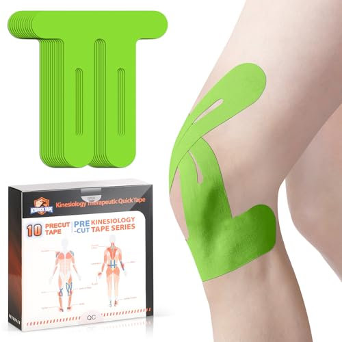 KTQUICK Knie Tape Vorgeschnitten, 10 Stück, Precut Kinesiotapes Hautfreundlich mit perfektem Trage-komfort, Wasserfestes & Elastisches Tape Kniegelenk für Knieschmerzen - Grün