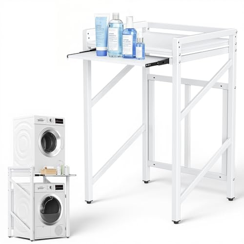 Regal über Waschmaschine, Tragkraft 350kg/770lbs Waschmaschinenschrank, Zwei Höhenstellbar (103-108CM) Waschmaschinenregal Anschlussset für Waschmaschine und Trockner(mit Ausziehbarer Platte)