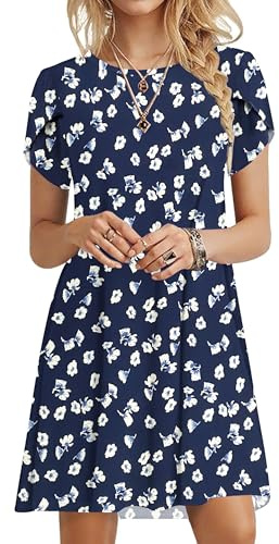 PLOKNRD Women Summer Dresses Petal Short Sleeve with Pockets | Casual floral beach shift dress, soft lightweight loose fit with crew neck, versatile style for holiday & daily wear