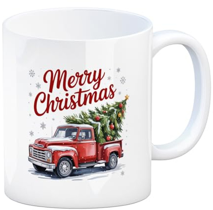 speecheese Merry Christmas Kaffeebecher mit Rotem Truck und Weihnachtsbaum lustiger Weihnachtstruck-Becher für Büro und Zuhause