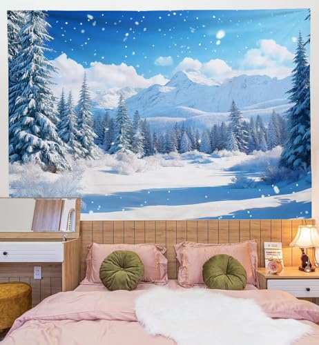 DLERFLOVR Winterlandschaft Wandteppich, 130x150 cm Wanddeko Fichtenwald Wandtuch Wandbehang für Wohnkultur, Schlafzimmer, Weihnachtsessen, Party, Blau