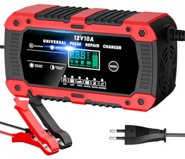 Caricabatterie Auto 10A 12V per Moto Auto Batteria AGM Barche | Carica Batteria Portatile con Schermo LCD,6 Modalità,Protezione Multipli,Intelligente e Portatile,Funzione di Riparazione
