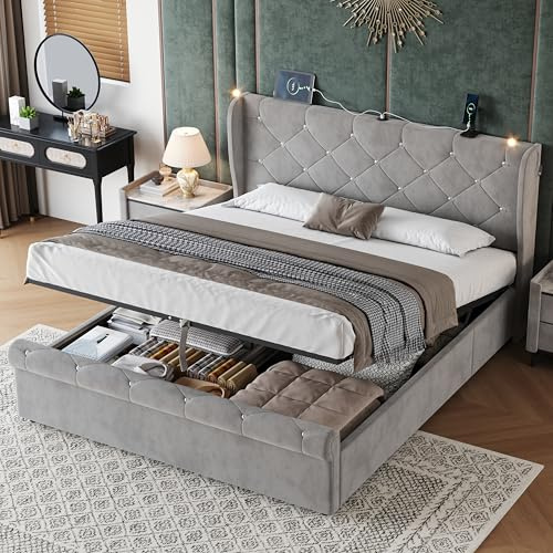 Miyemo Double Bed Frame with Storage, 4ft6 Upholstered Ottoman Bed with Headboard & Hydraulic, Velvet Bed Frame with Charging-Station & Reading-Light, 135x190cm, Grey, (No Mattress)
