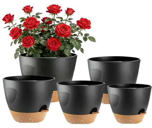 Shinybox 5 Piezas Maceta de Interior con Drenaje, 17.8/16.5/15.2/13.9/12.7cm Macetas de Auto-Riego, Macetas de Plástico con Asa, Macetas de con Forma de Flor para Interior para Decoración(Negro)