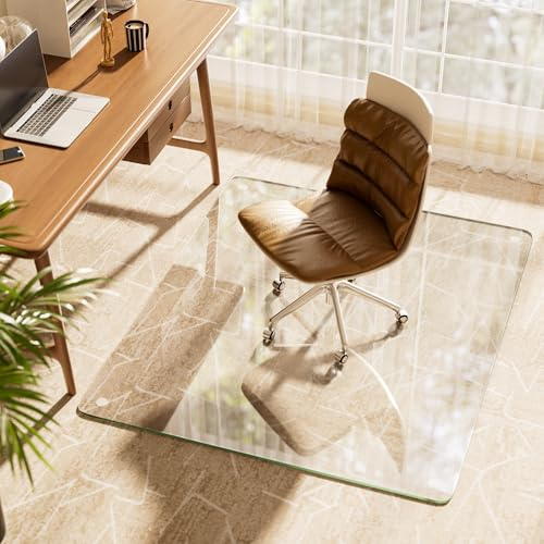 Koonmi Glas-Stuhlunterlage 90 x 117 cm, 4 mm, Sicherheitsglas, Transparent | Premium Bürostuhlmatte für Parkett und Teppichboden, mit 4 Anti-Rutsch-Pads und dicker, kratzfester Oberfläche