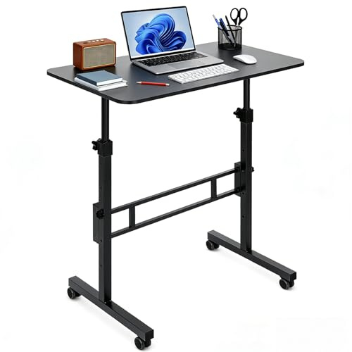 evergoods Height Adjustable Standing Desk 80x40cm Mobile Small Desk | Portable Home Office Computer Desks with Wheels Modern Simple Style Desks for Bedroom Living Room Office (Black)