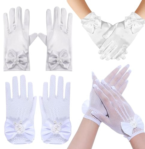 FOSDICK 2 Pares Guantes Blancos Mujer Cortos, Malla Guantes de Encaje, Guantes Boda de Satén con Lazo y Perlas para Niña Primera Comunión, Princesa, Fiesta de Té, Fiesta de Boda, Baile de Graduación
