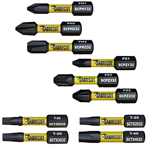 10 x SabreCut SCRK32 32 mm PZ1 PZ2 PZ3 PH1 PH2 PH3 TX20 TX25 TX30 TX40 Set di punte per cacciavite a impatto magnetico Pozi Pozidriv Phillips Torx compatibile con Dewalt Milwaukee Bosch Makita ecc.