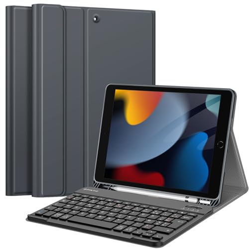 FINTIE Clavier pour iPad 9ème Génération 2021/iPad 8 2020/iPad 7 2019 10.2 Pouces - Clavier AZERTY sans Fil Bluetooth, Coque Arrière Souple Housse avec Rangement de Stylet, Gris Sidéral