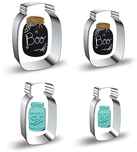 Mason Jar Cookie Cutter Shapes Baking Set - 3 Inch & 4 Inch - 4 Pieces Milk Bottle Honey Jar Pot Shaped Biscuit Stainless Steel Metal Molds Cutters for Kitchen Baking Halloween Christmas Cookie Cutter