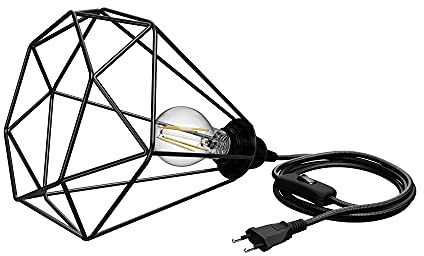 ledscom.de Käfig-Leuchte groß, Textilkabel LEKA schwarz, Stecker, Schalter, 3 m, inkl. E27 Lampe max. 963lm, 3-Stufen dimmen, warmweiß