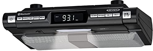 Jensen Modern Wireless Under Cabinet Kitchen Universal Bluetooth Music System, FM Radio, Clock LCD Digital Display , Built-in Hands-free Mic & Speakers (Includes Mounting Hardware)