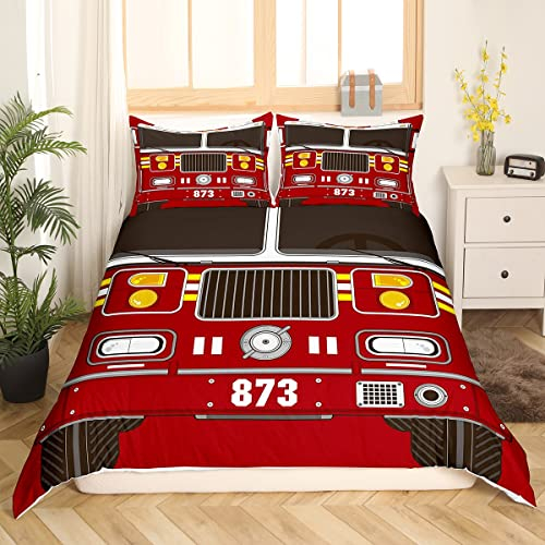 3D Feuerwehrauto Print Bettwäsche Set für Kinder Erwachsene,Feuerwehr Tröster Abdeckung Schwarz Rot Auto Fahrzeug Bettbezug,Cartoon Feuerwehr Bettbezug Feuerwehr Fahrzeug Schlafzimmer Dekor 220x240