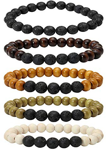 Eigso 5 Pcs Natural Wooden Beaded Stretch Bracelets for Men Women Lava Rock Buddhist Tibetan Wristbands for Man Woman
