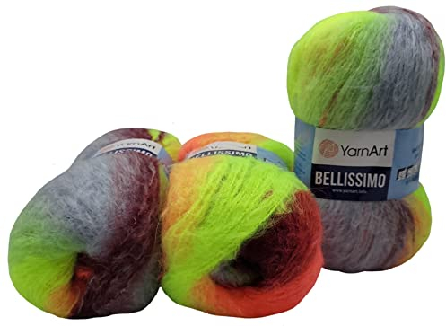 YarnArt 3 x 150 Gramm Bellissimo Strickwolle mit Mohair, 450 Gramm Wolle mit Farbverlauf (beere grün orange blau 1406)
