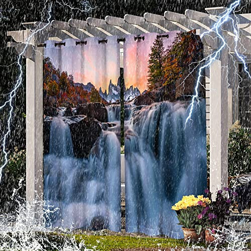 Gartenvorhänge mit Landschaftsdruck, wasserdicht, für Pergola, Terrasse, Veranda, Jalousien, Pergola, Ösen, 2 Paneele, 137 x 274 cm