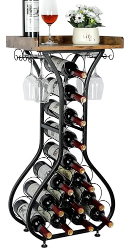 X-cosrack Wine Rack Freestanding Floor, Mini Bar Table Wine Holder Stand Liquor Cabinet with Glass Holder Wood Tabletop 14 Bottles Floor Wine Storage for Home Bar Kitchen Living Room