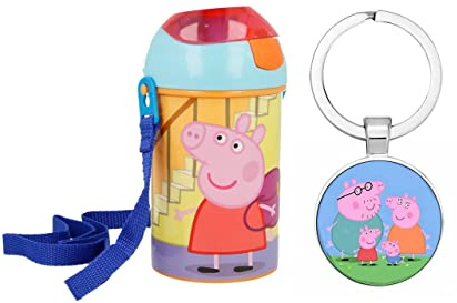 Peppa, George, Schweine-Figuren, Pop-Up-Wasserflasche, Trinkflasche mit Halskordel für einfaches Tragen, Schule, Mittagessen, Kinder, 450 ml, inklusive Peppa, George, Schwein, Schlüsselanhänger