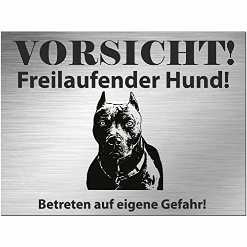 INDIGOS UG - Pitbull Terrier - Schild bedruckt - Vorsicht Freilaufender Hund - Alu-Dibond Edelstahl Look - 30x20 cm - Spruch - Deko Geschenkidee für Ihren Hund - Zaun - Türschild