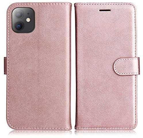 DENDICO Hülle für iPhone 11, PU Leder Brieftasche Handyhülle, Flip Tasche TPU Schutzhülle mit Kartenfach für iPhone 11, Rosa