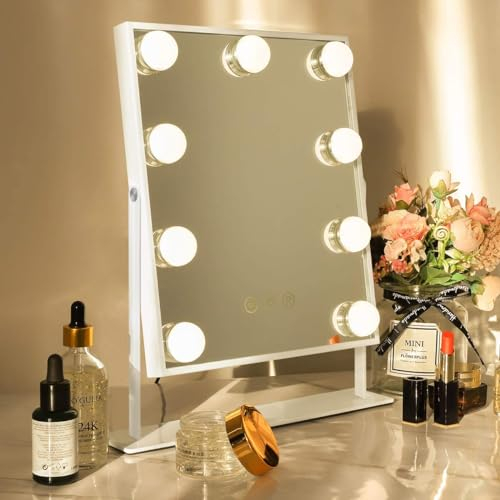 Hansong Miroir de courtoisie avec lumières Miroir de courtoisie éclairé avec 9 Ampoules LED Miroir de Maquillage Lumineux à Brancher avec lumières Rotation à 360° avec Miroir grossissant 10x