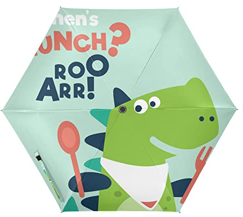 JUNZAN Parapluie de voyage avec cuillère et fourchette en forme de dinosaure - 99 cm - Réflecteur UV - Pliable - Portable - Ouverture automatique - Accessoires de défense en plein air