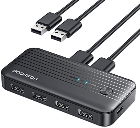 SOOMFON 4 Port USB 3.0 Switch Selector - 5Gbps High Speed 2 In 4 Out Switcher Box for 2 Computers Sharing Mouse Keyboard Scanner Printer With 2 Pack Cable