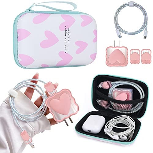 Electronic Organizer Set with Portable Travel Organizer Bag Cable Organizer Unique Cute Heart Design with Lovely Cable Protector,Cable Saver Phone Charger Protector Case for iPhone/iPad-Pink