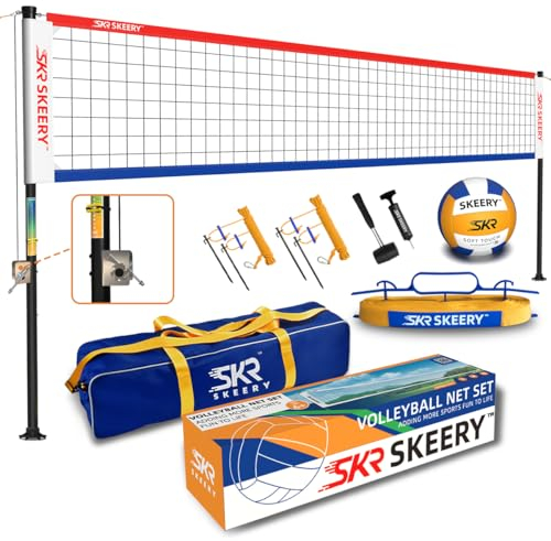 SKEERY Strapazierfähiges Volleyball-Netz-Set, Anti-Aging-Design, verstellbare Aluminiumstangen, tragbares Volleyballnetz für Garten, Gras und Strand (rot und blau)