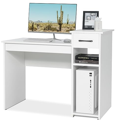 GIANTEX 102cm Computertisch, Schreibtisch mit Schubladen & Aufbewahrungsregalen, moderner einfacher Gaming Tisch/für Zuhause und Büro, einfacher Zusammenbau (Weiß)