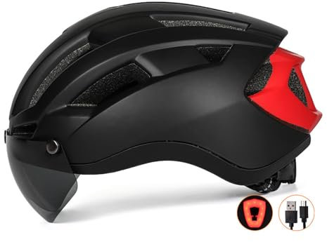 Fahrradhelm mit USB LED Licht,Fahrradhelm Herren Damen mit Abnehmbarer Magnetische Schutzbrille,Erwachsene Radhelm Einstellbarer Atmungsaktiv Sicherheitsschutz MTB Helm,Erwachsene Radhelm (Schwarz)