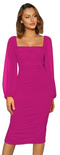 Odizli Abendkleider Elegant f�r Hochzeit Damen Mesh Langarm Sexy Enges Bodycon Etuikleid Midikleid Festliche Hochzeitsg�ste Partykleid Silvester Party Abschlussballkleid Lang Ballkleider Rosenrot M