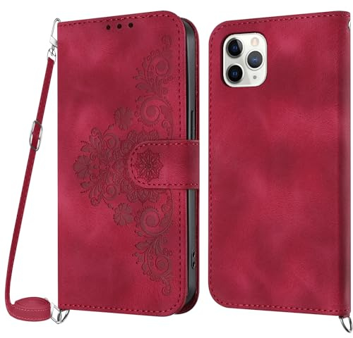 Netany Funda para iPhone 11 Pro con Cuerda, Flip Billetera Funda Tapa Libro PU Cuero con Ajustable Cordón,【2 Ranuras】【Magnética】,Funda Piel Carcasa Case para iPhone 11 Pro (5,8 Pulgadas) Cuerda (Rojo)