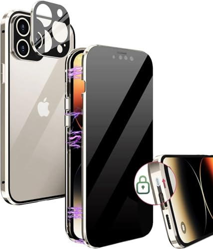 MIMGOAL Hülle für iPhone 15 Pro Anti Spy 360 Grad Magnetisch Titan Natur | Sichtschutz bis 25 Grad, Gehärtetes Glas vorne und hinten, Magnetischer Aluminiumrahmen, Integrierter Kameraschutz