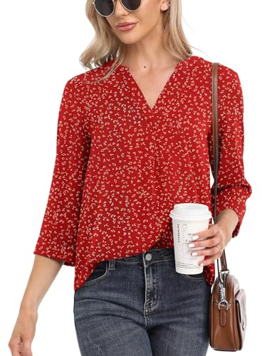 Anelune Womens Tops Casual Chiffon Blouses Tops 3/4 Sleeve V Neck Tunic Top Loose Shirt Flower Wine Red XL