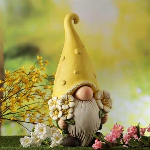 MARELIDA Gartenzwerg Zwerg mit Blumen und Zipfelmütze Gartendeko GNOME Gartenfigur Polyresin H: 45cm (BERT Zwerg mit gelber Zipfelmütze und Blumen)