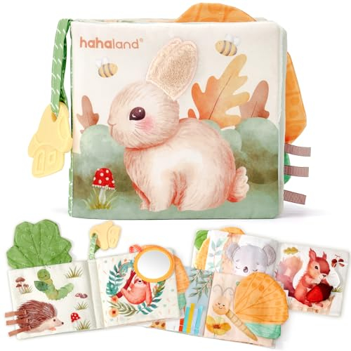 hahaland Baby Spielzeug ab 0 3 6 Monate Stoffbuch, Interaktive Babybücher mit Spiegel Rassel, Fühlbuch Knisterbuch Baby Spielzeug 6 Monate, Geschenk für Neugeborene Babyspielzeug 0-6 Monate