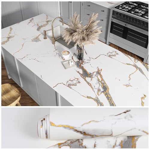 VEELIKE Papel Pintado Marmol Blanco Oro Grueso Vinilo Cocina Encimera Papel Adhesivo Marmol Gris Oro Mate Vinilo Adhesivo Pared Baño Lavable Revestimiento Pared Comedor Salon Habitacion 40cmx300cm