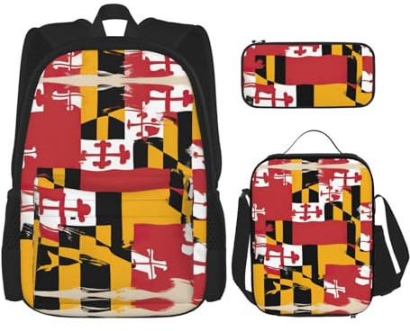 DRTGEDS Maryland Flag Backpack With Lunch Box 3 In 1 Set With Pencil Case, Large Capacity Backpack With Chest Strap
