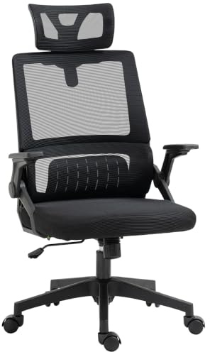 Vinsetto Bürostuhl Ergonomischer Schreibtischstuhl mit Armlehne Schwarz | Verstellbar Kopfstütze, Lendenwirbelstütze, Höhenverstellbarer Drehstuhl mit Wippfunktion, Netzbespannung, Computerstuhl