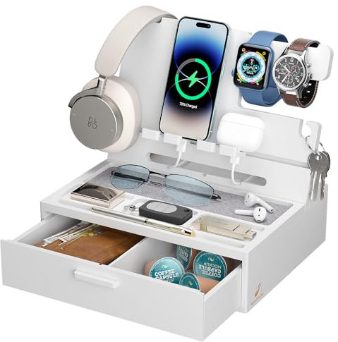 Pezin & Hulin Wood Nightstand Organizer Tray, Bamboo Phone Docking Station with Drawer, Bedside Valet Tray for Multi-Device, Ideal for Husband Him Boyfriend Graduation Christmas (White)