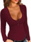 ELFIN Maglietta a Maniche Lunghe da Donna Slim Fit T-Shirt Basic Sexy Girocollo Elasticizzata Magliette a Coste con abbottonatura Casual Camicetta Rosso Vivo L